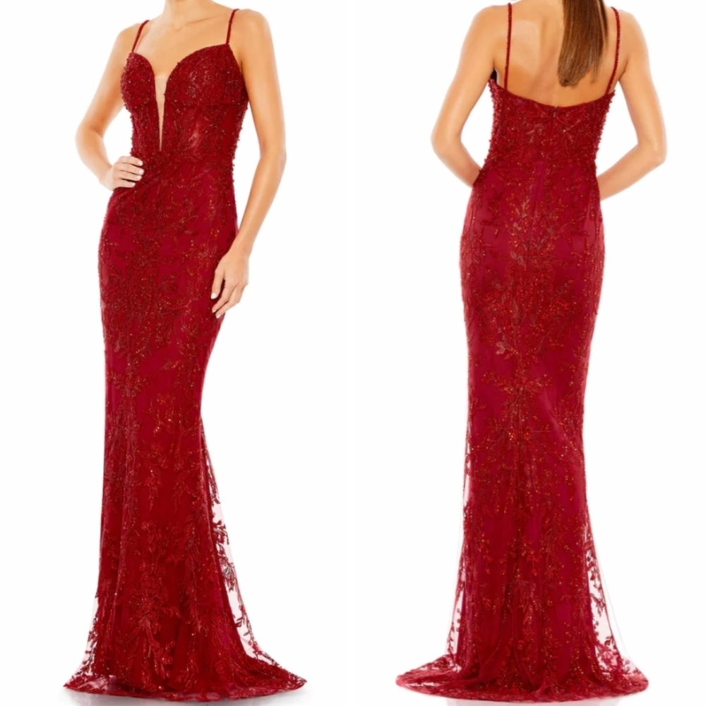 Mac Duggal Embellished Embroidered beaded Plunge neck Mermaid Gown 10